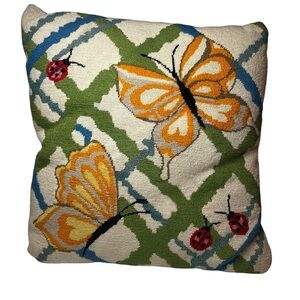 Throw Pillow Vintage Handcrafted Needle Point Butterflies and Ladybugs Multicolo